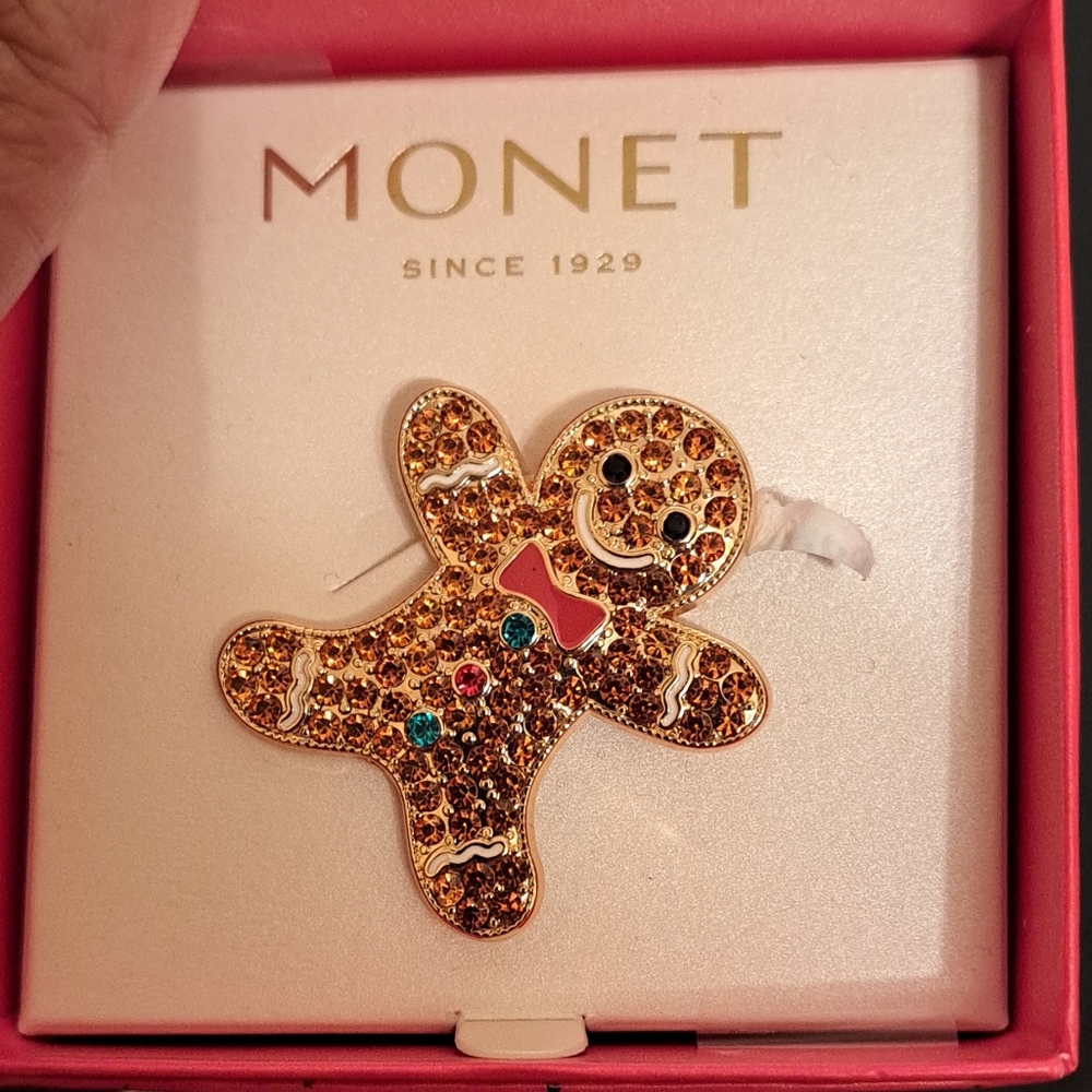 Monet Gingerbread Man Brooch with Multicolor Crystals NWT - Picture 2 of 4